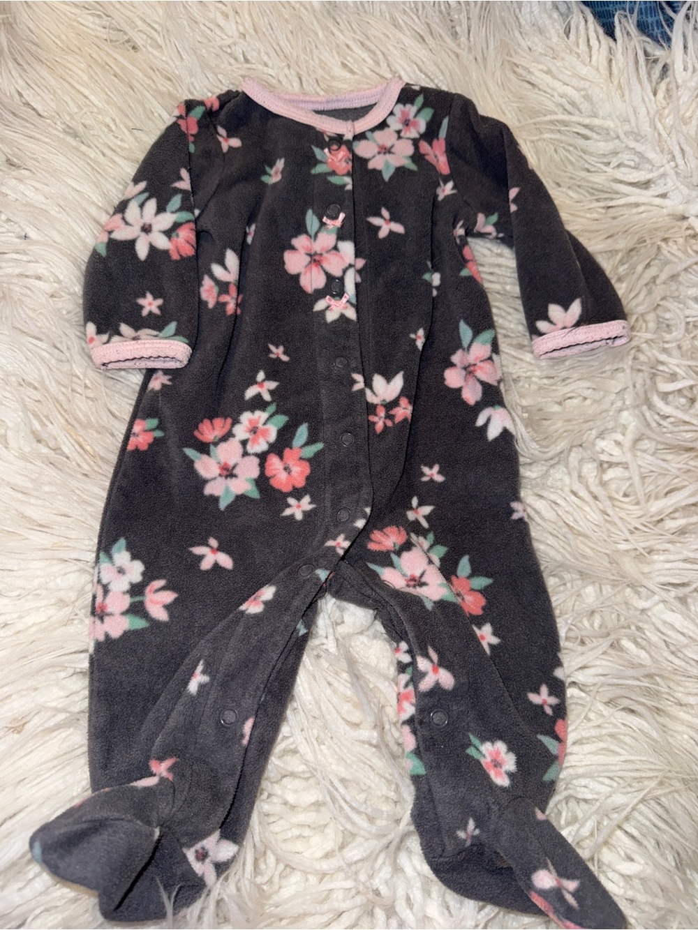 Carter's Dark Gray Floral Footed One-Piece with Pink Trim